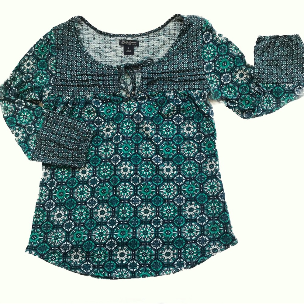 Lucky Brand Blue Green Print Peasant Top Size S